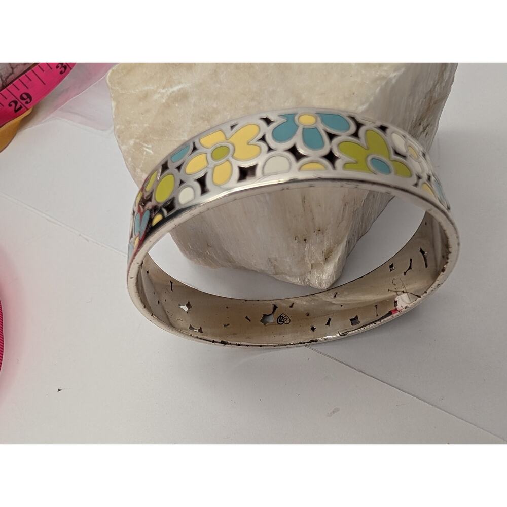 Brighton Floral Enamel Cut Out Bangle Bracelet Silver Tone Multi-Color